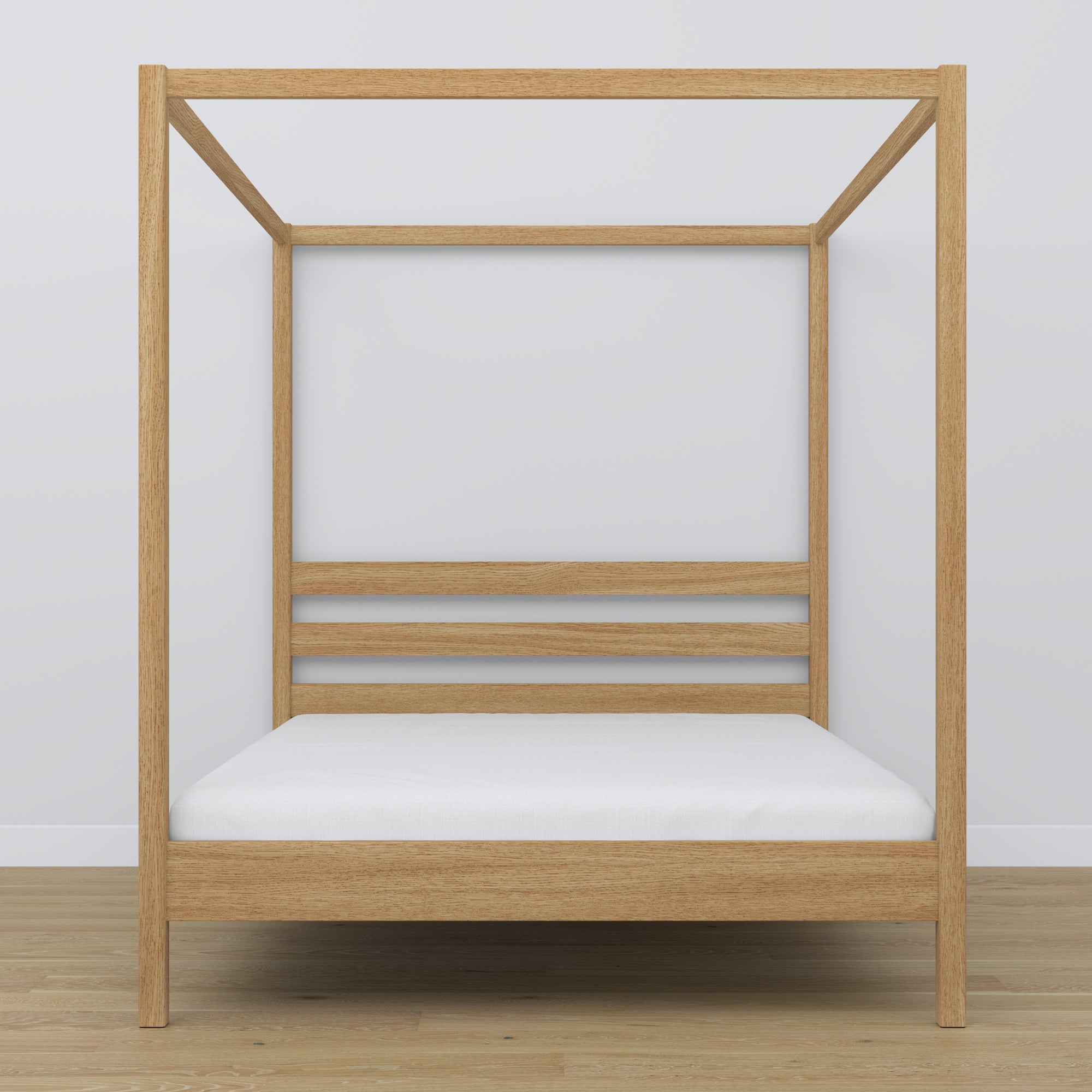 Oak double bed with canopy natural oak – headboard and frame, close-up