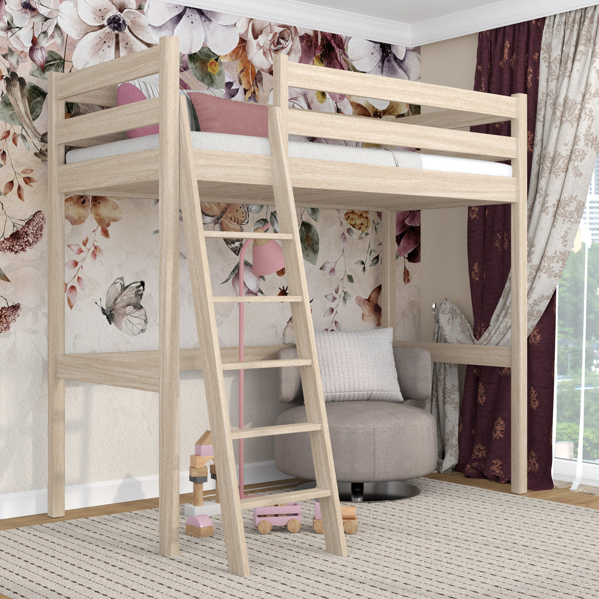 Bleached Oak Loft Bed – Free Space Under the Sleeping Area, Nizio