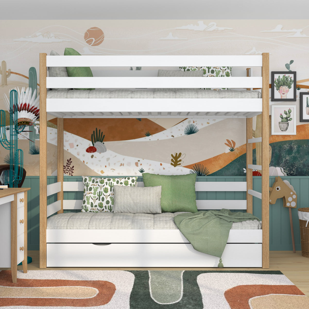 White and Oak Wooden Bunk Bed with Mattress Drawer – Room Arrangement