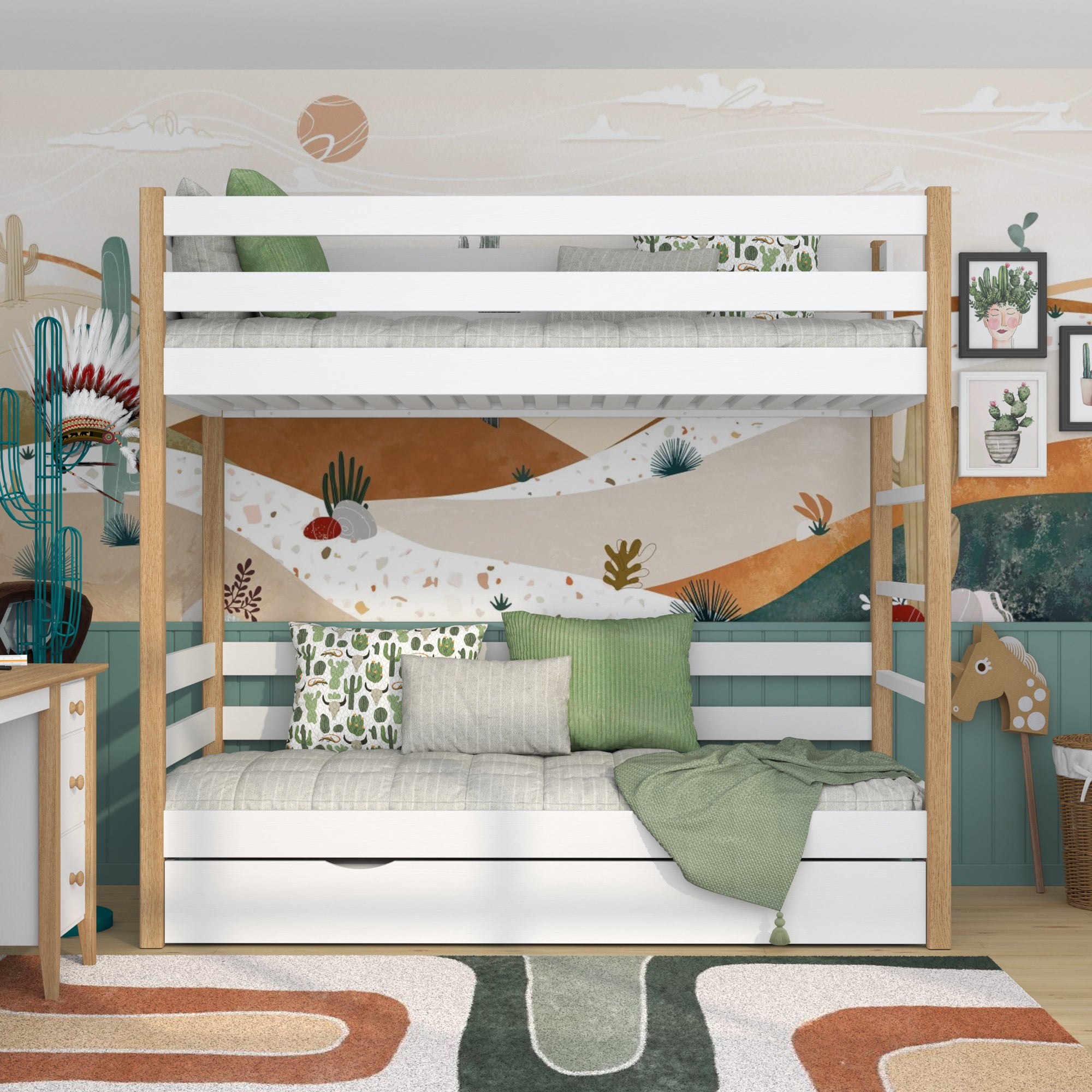 White and Oak Wooden Bunk Bed with Mattress Drawer – Room Arrangement