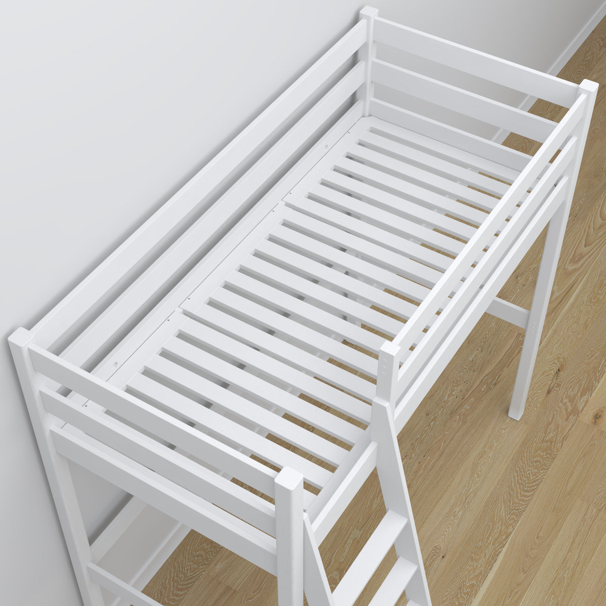White Wooden Loft Bed – Slatted Frame, Side View