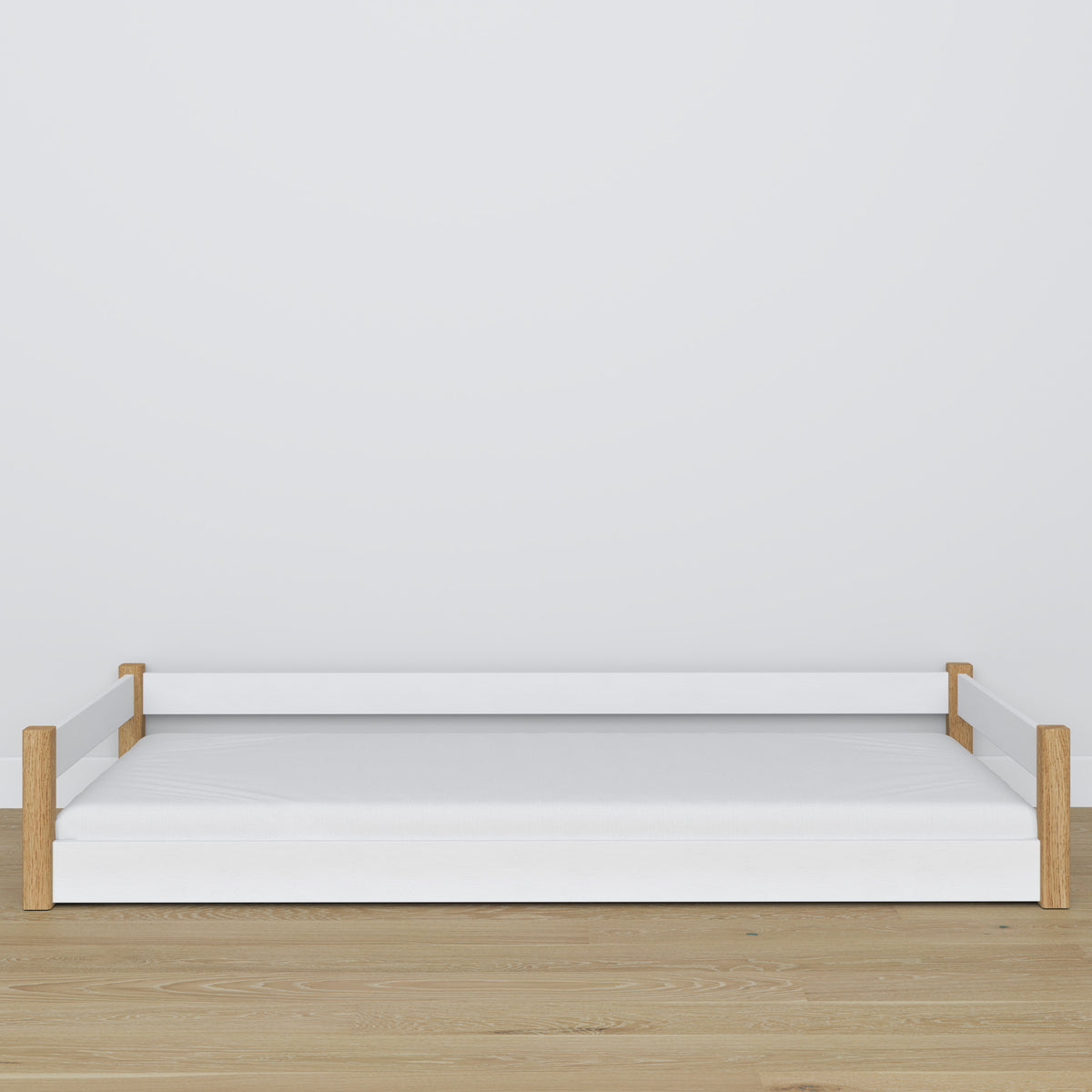 Low Bed White and Oak – Wooden Legs and Base, Close-up