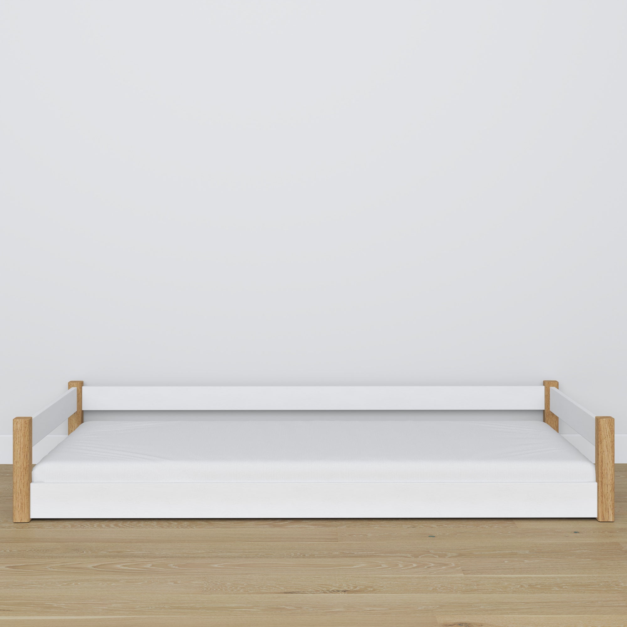 Low Bed White and Oak – Wooden Legs and Base, Close-up