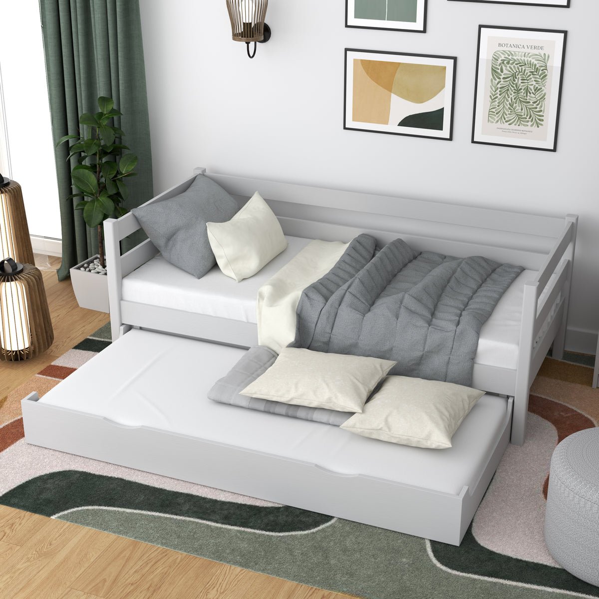 Sofa bed wooden grey – mattress drawer pulled out, for guests