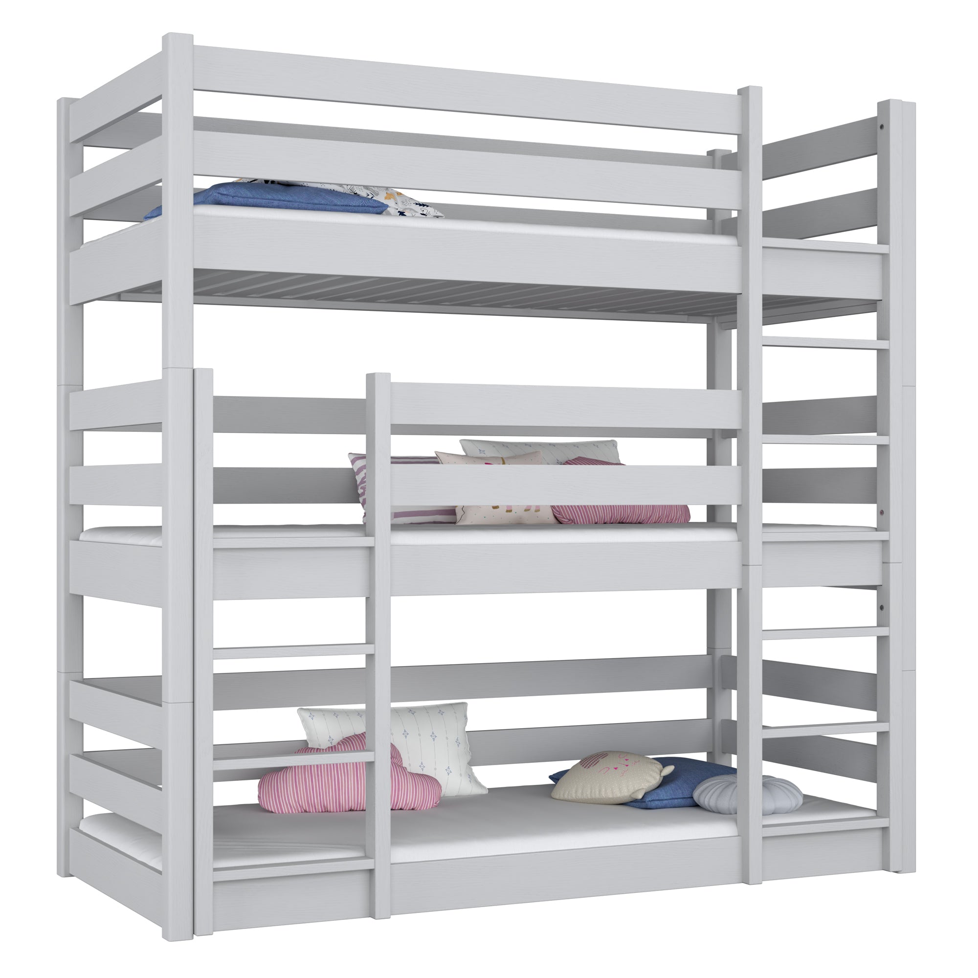 Triple bunk bed wooden grey – three sleeping places, scandi children’s room