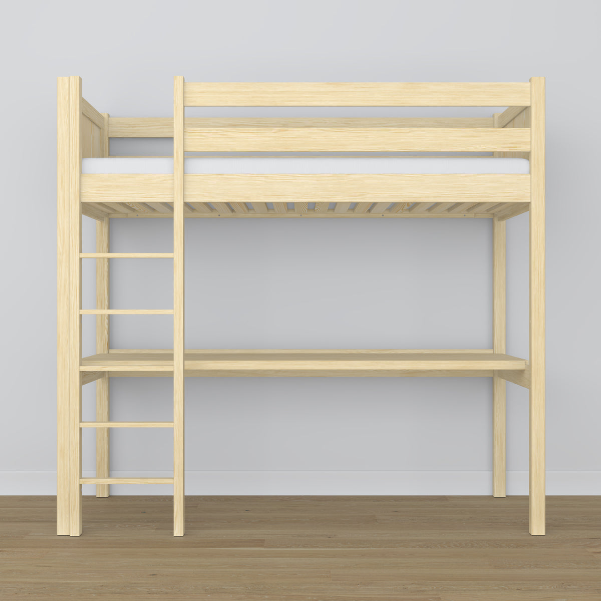 Loft bed clear pine with desk – study space under the sleeping area, wooden