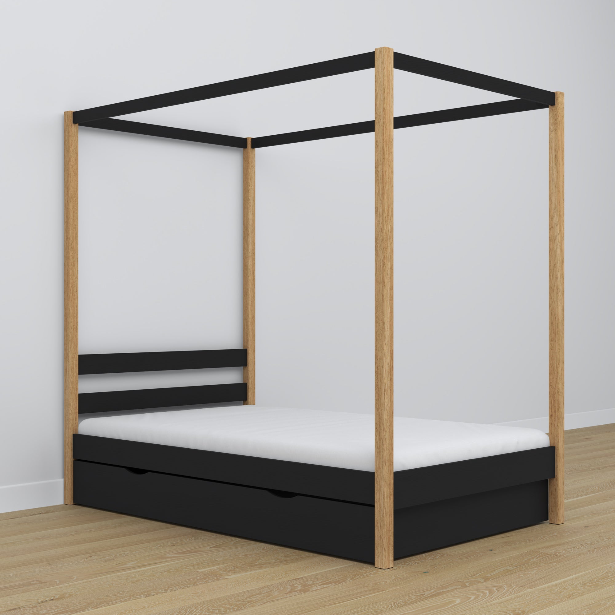 Wooden black-oak canopy bed – decorative frame, child’s room