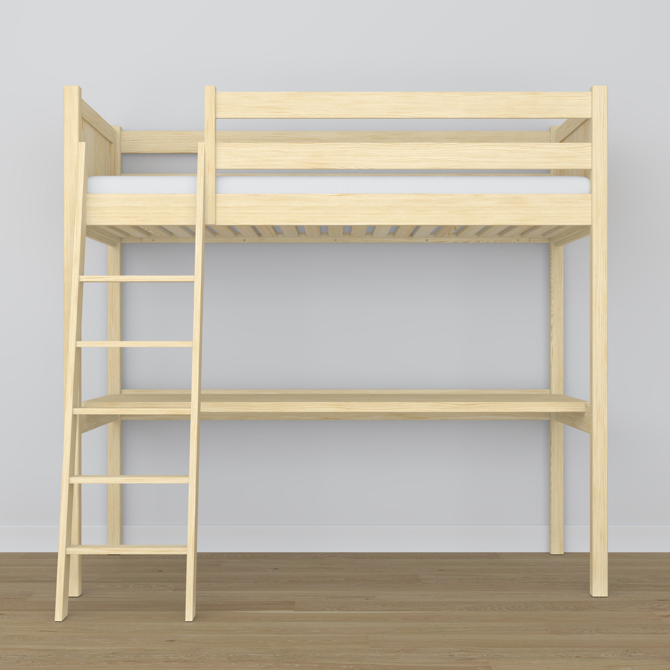 Loft bed clear pine with desk – study space under the sleeping area, wooden