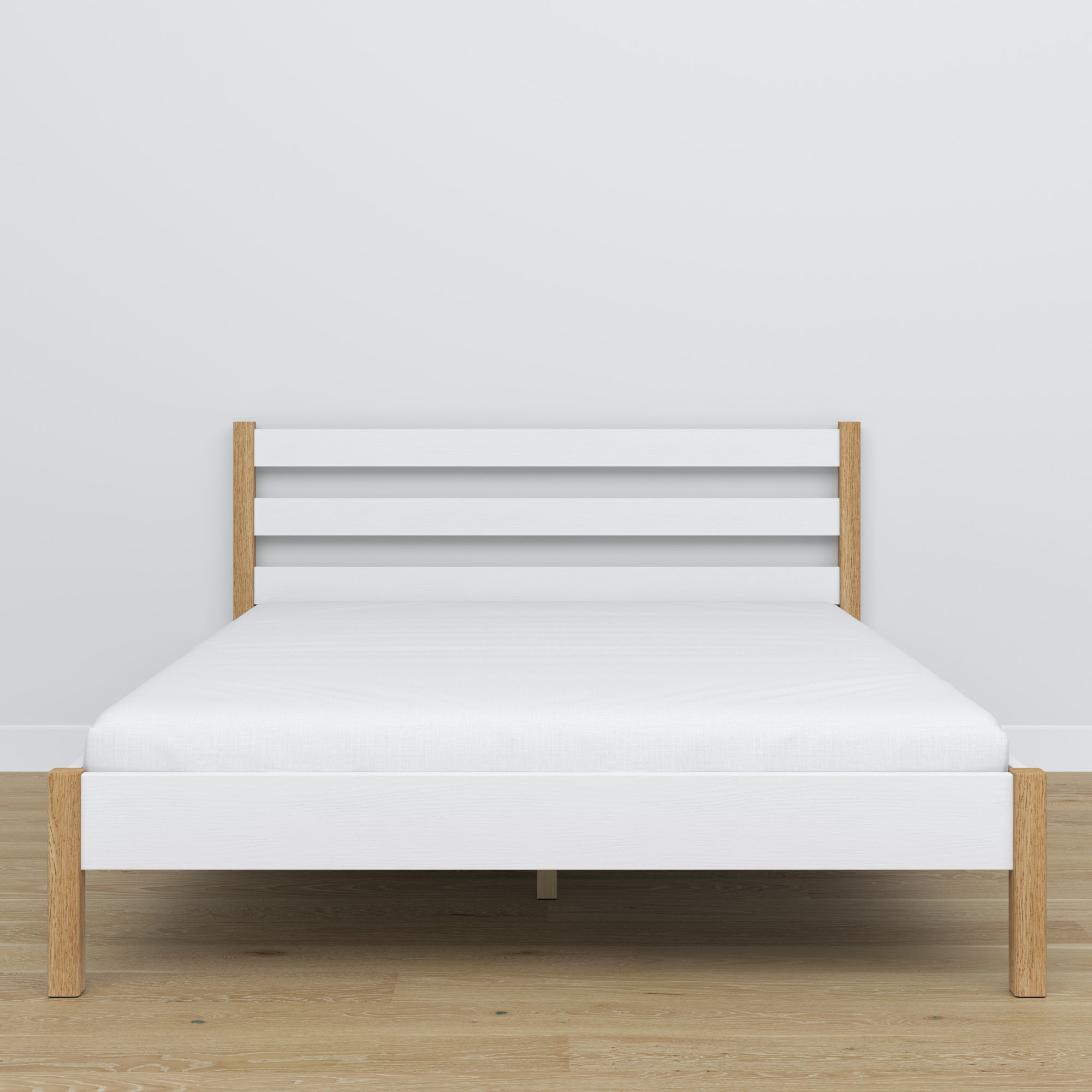 Wooden double bed white and oak – side view, proportions and shape, bedroom
