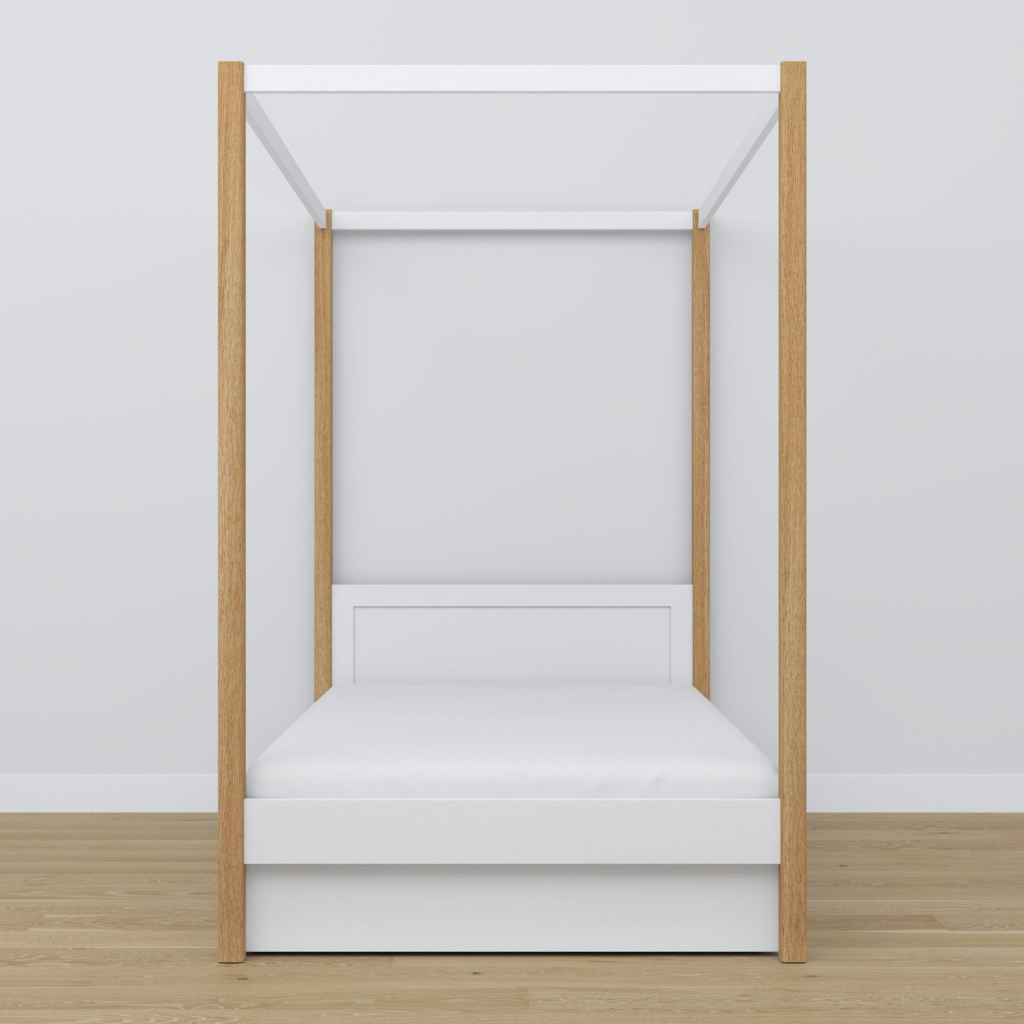 Bed white/oak canopy bed – open drawer, wooden, Nizio Home