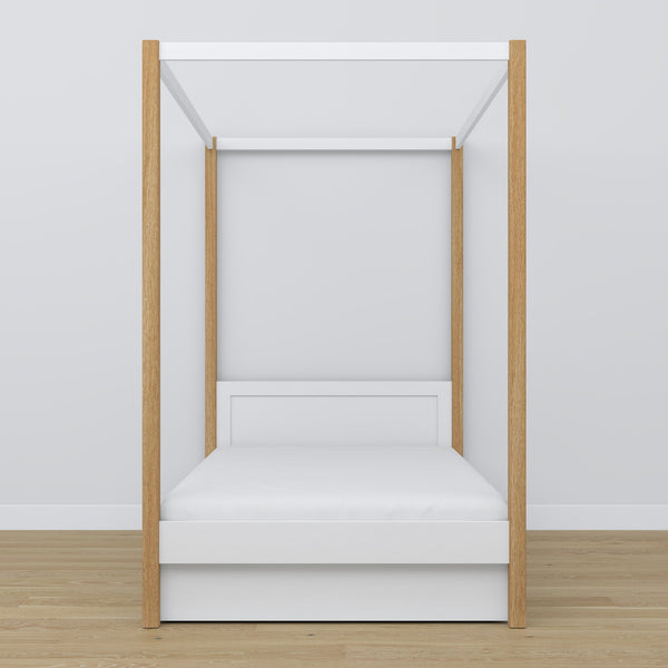 Bed white/oak canopy bed – open drawer, wooden, Nizio Home