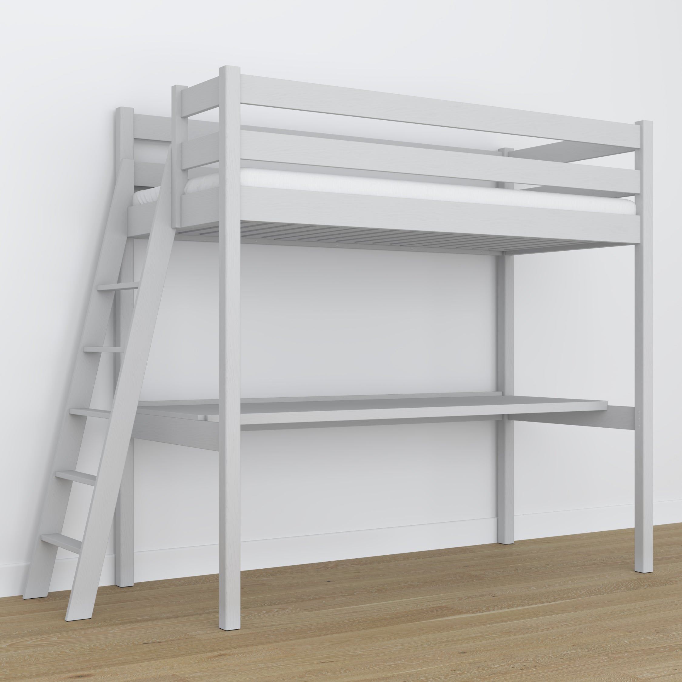 Grey Wooden Loft Bed with Desk – Ladder and Safety Rail