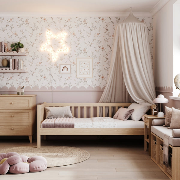 Sofa bed natural oak – oak side barrier, safety for children