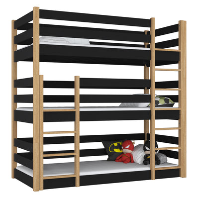 Triple bunk bed wooden black with oak – three sleeping places, scandi children’s room