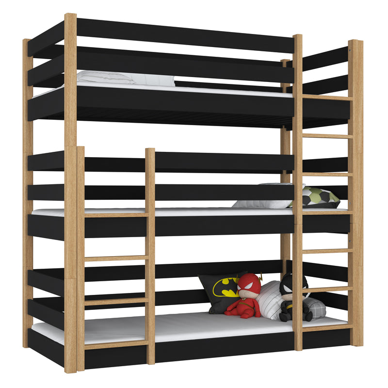 Triple bunk bed wooden black with oak – three sleeping places, scandi children’s room