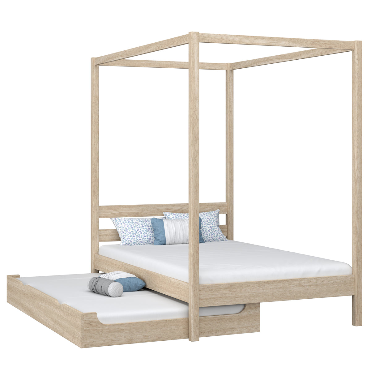 Oak canopy bed with mattress drawer bleached oak – scandi child’s room