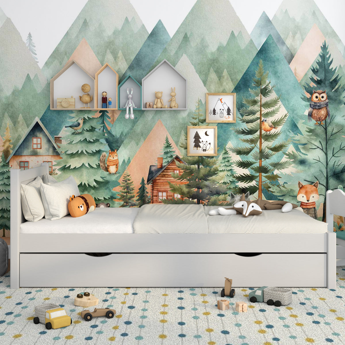 Bed grey with drawer – side view, wooden, Nizio Home
