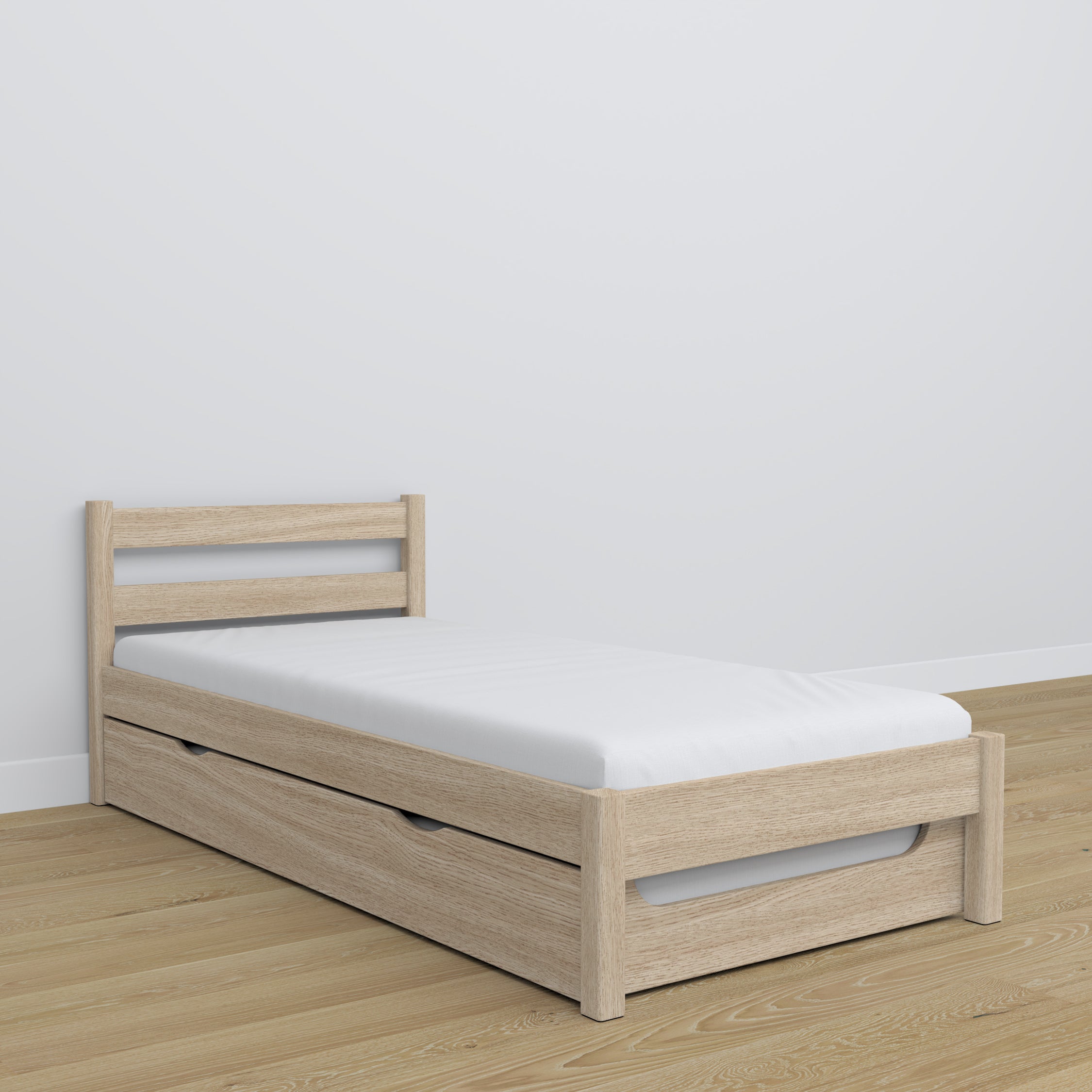 Oak bed with mattress drawer bleached oak – child’s room arrangement