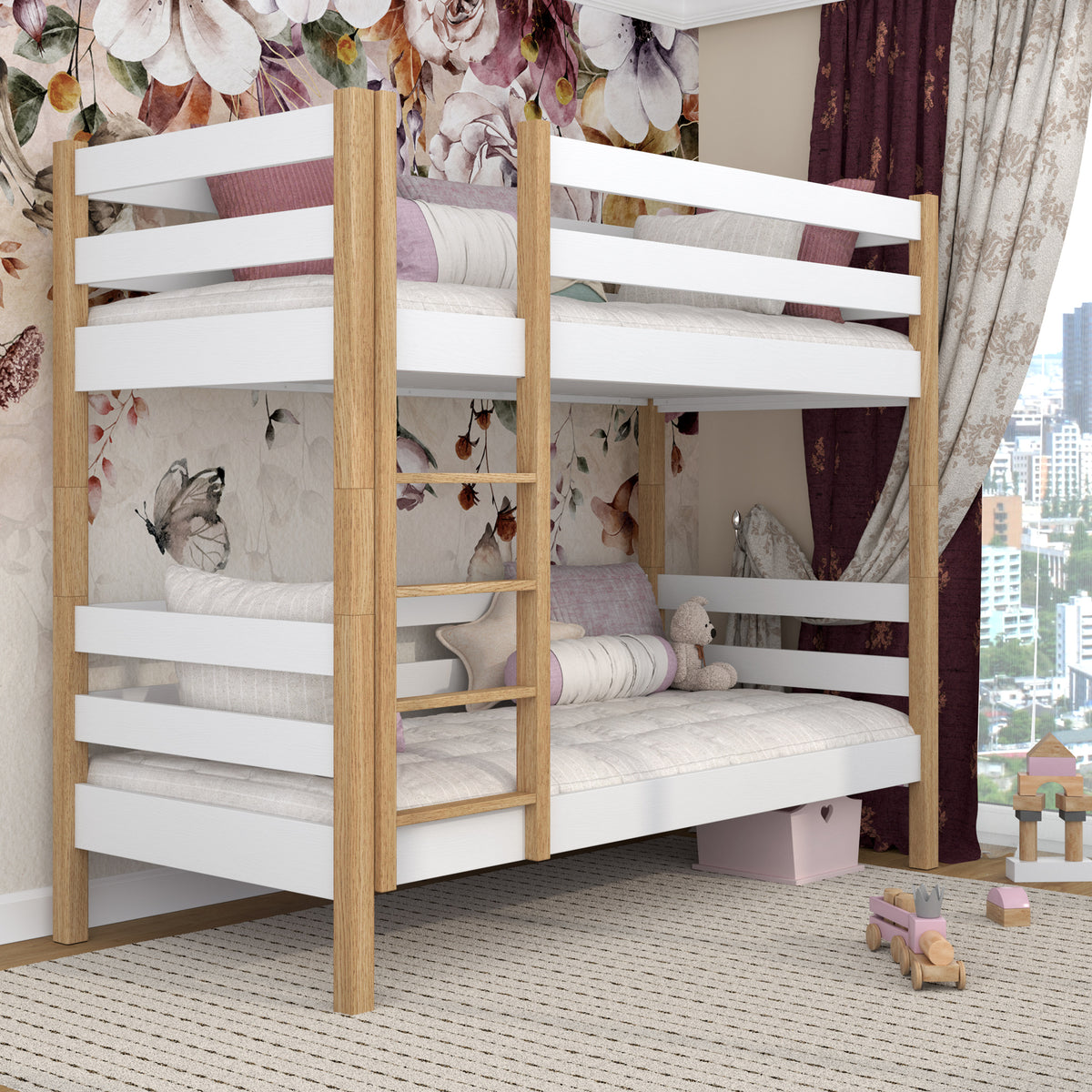 White and Oak Wooden Bunk Bed – Two Sleeping Areas in One, Safe Construction