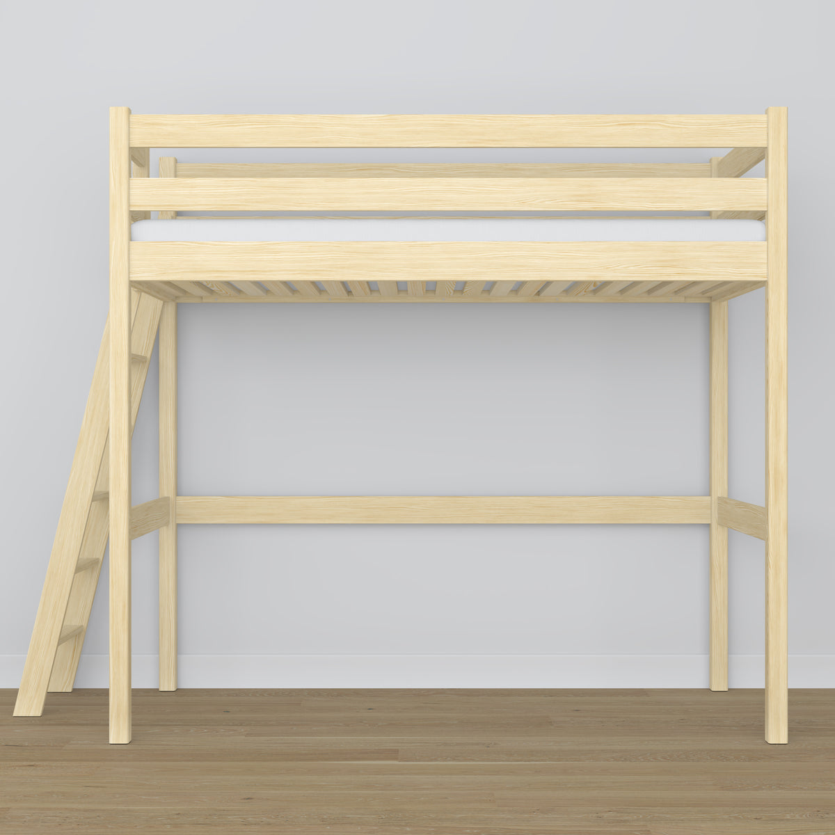 Loft bed clear pine – wooden ladder and safety rail, Nizio Home
