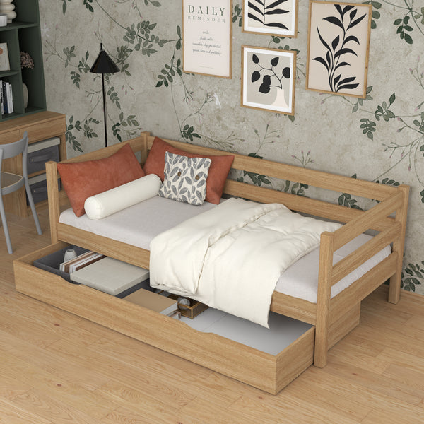 Sofa bed natural oak with drawer – spacious storage, oak, Nizio