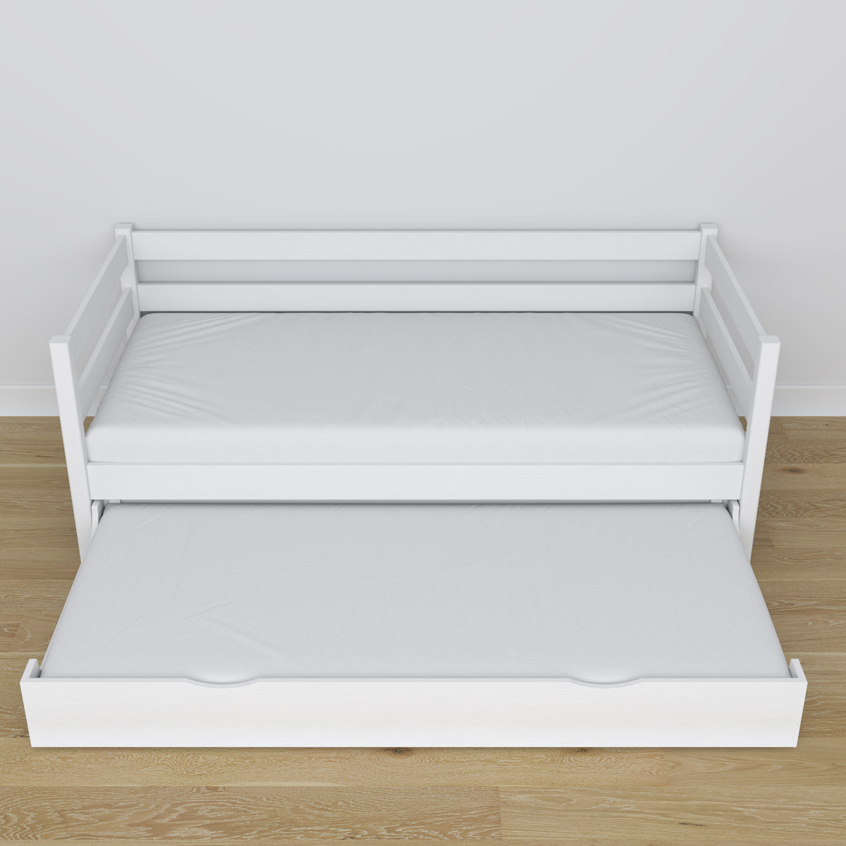White sofa bed with mattress drawer made of wood – dimensions, Nizio