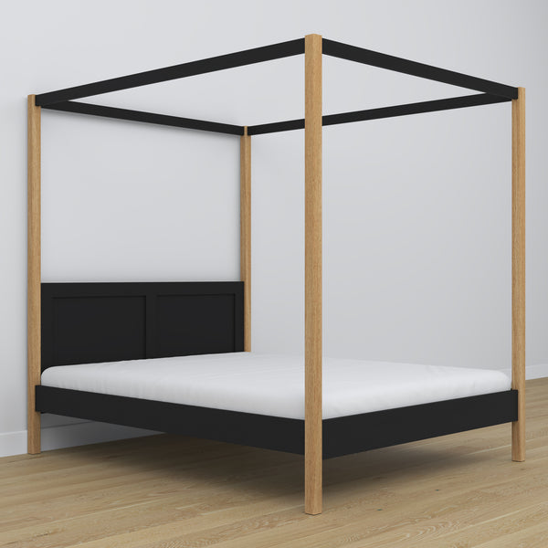 Double bed black and oak with canopy – decorative wooden frame, scandi