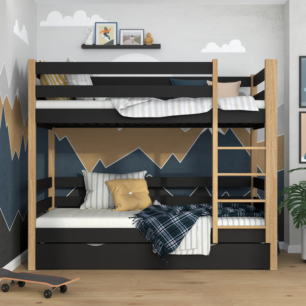 Black and Oak Bunk Bed with Mattress Drawer – Safety Rail, Wooden, Nizio Home
