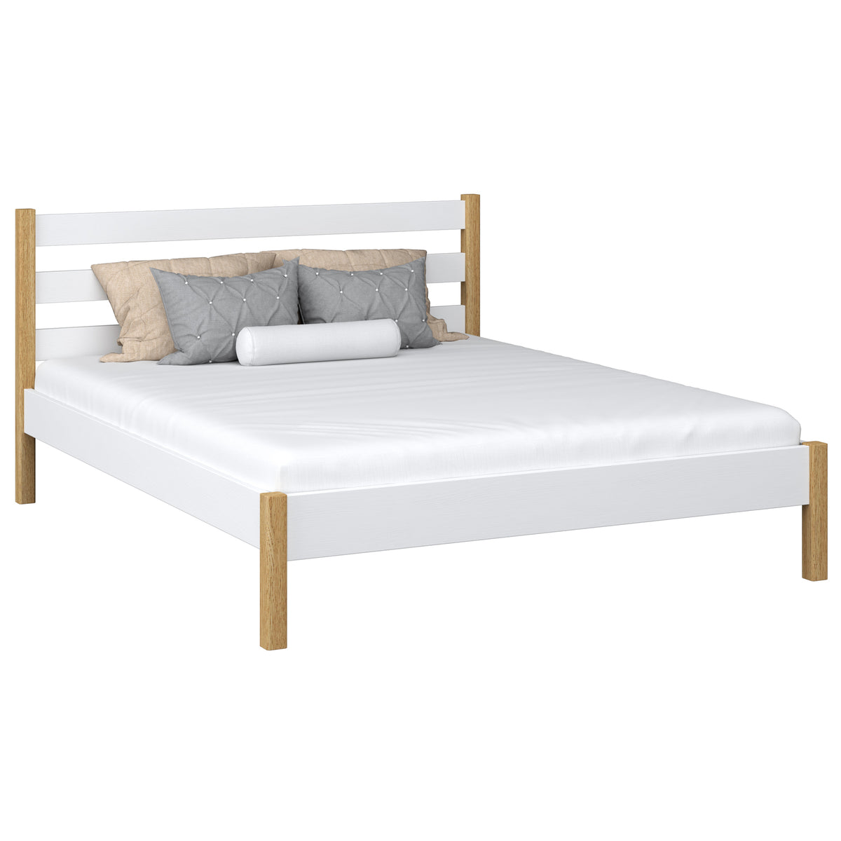 Wooden double bed N01 white/oak – overall view, solid wood
