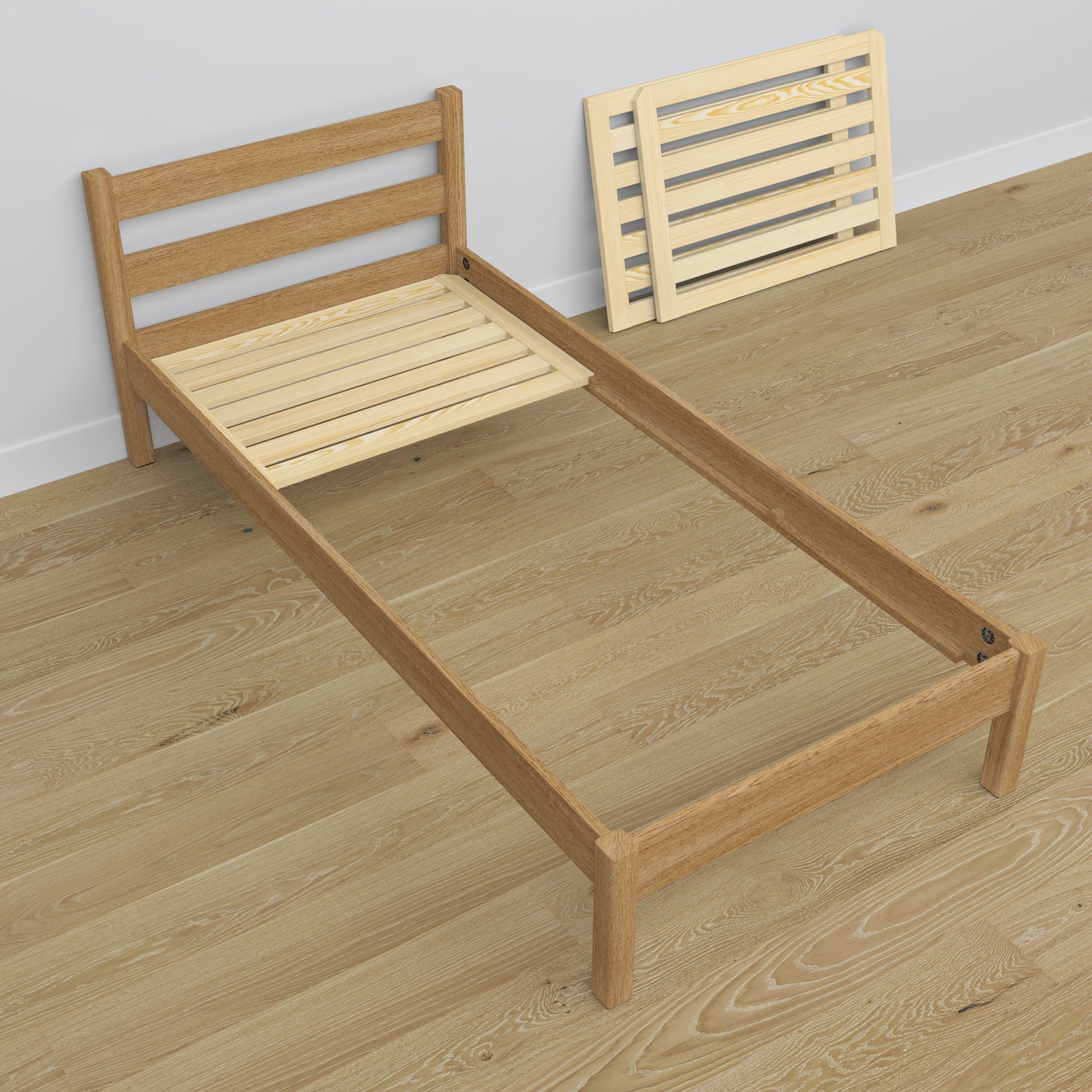 Oak bed with drawer natural oak – headboard, close-up of wood quality
