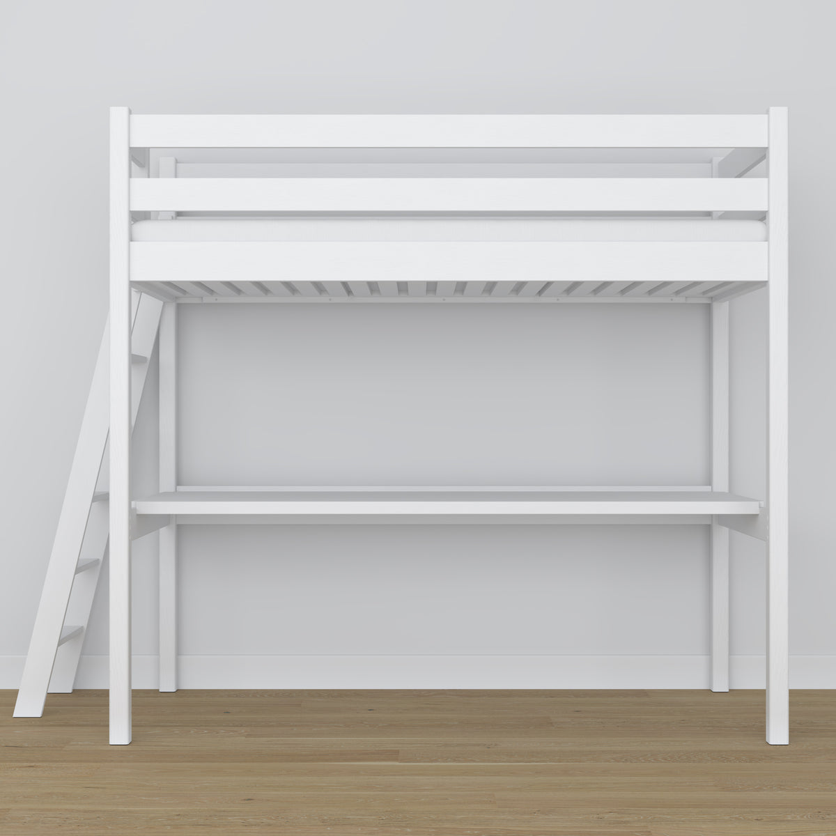 White Wooden Loft Bed with Desk – Ladder and Joint Details