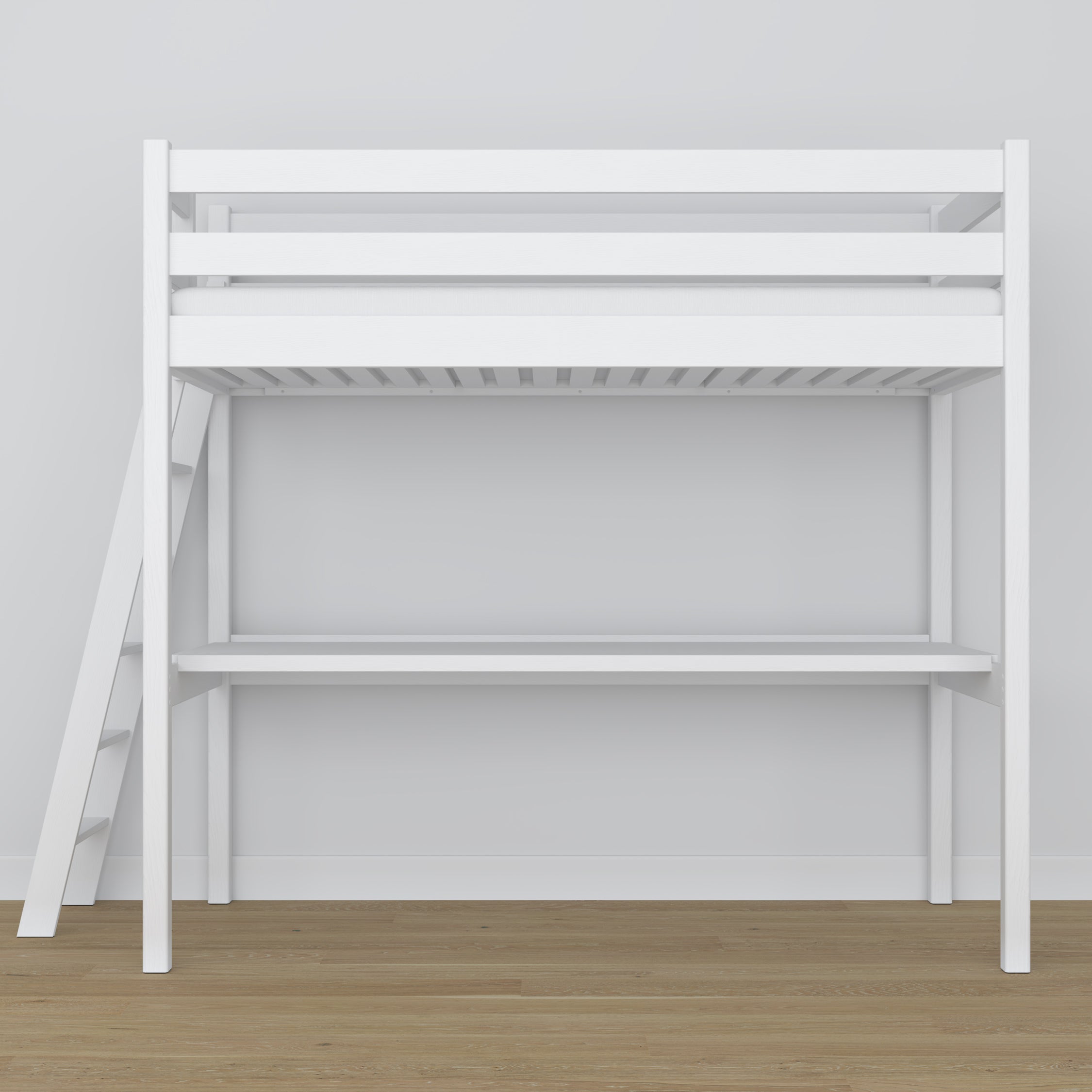 White Wooden Loft Bed with Desk – Ladder and Joint Details