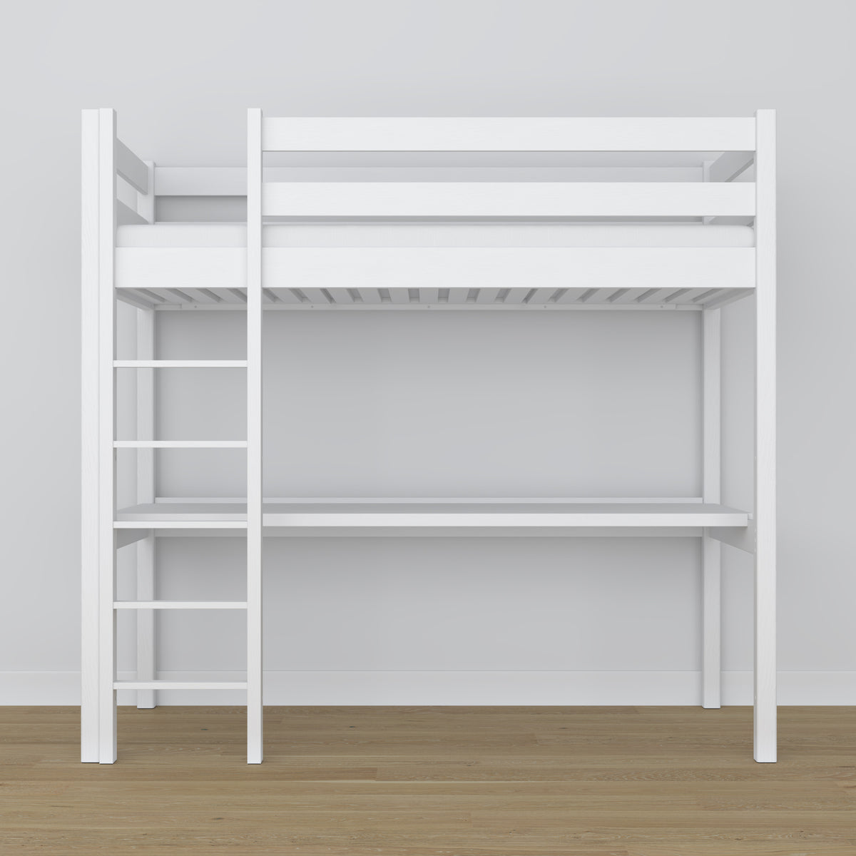White Wooden Loft Bed with Desk – Frame and Slats, Nizio