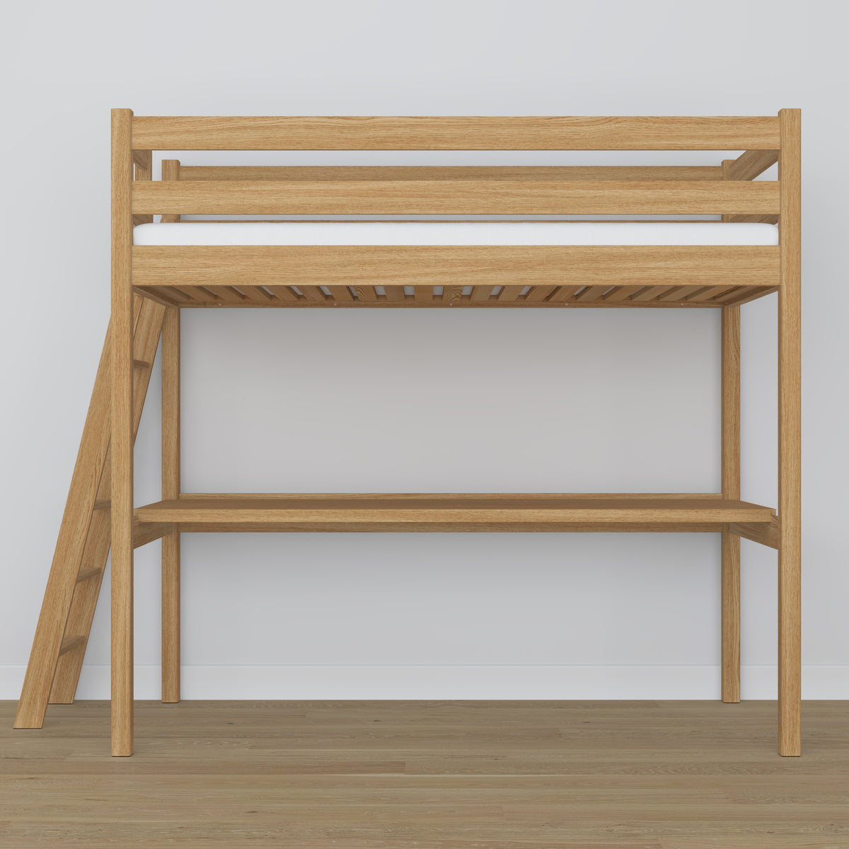 Loft bed natural oak with desk – study space under the sleeping area, oak
