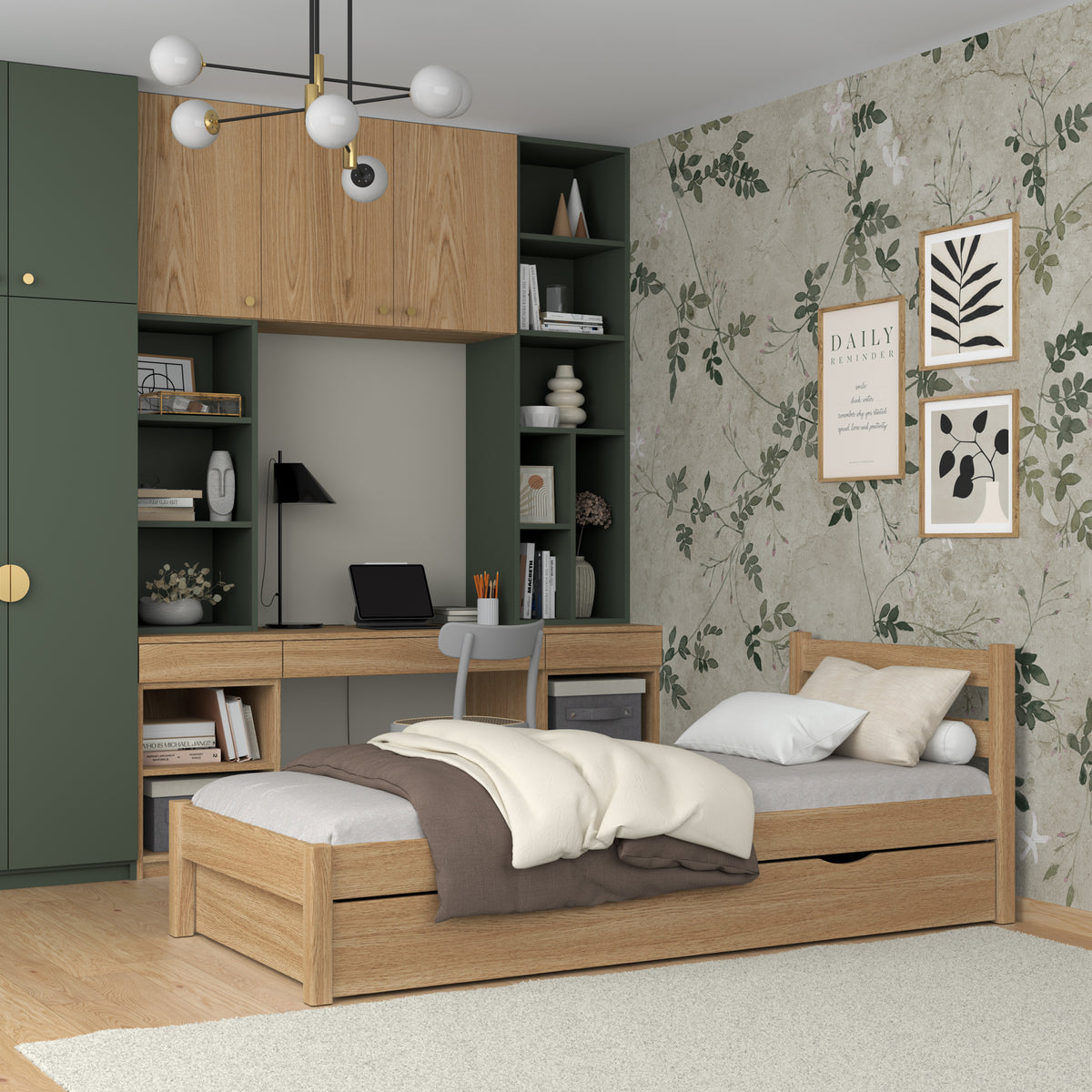 Oak bed with drawer natural oak – open drawer, storage interior