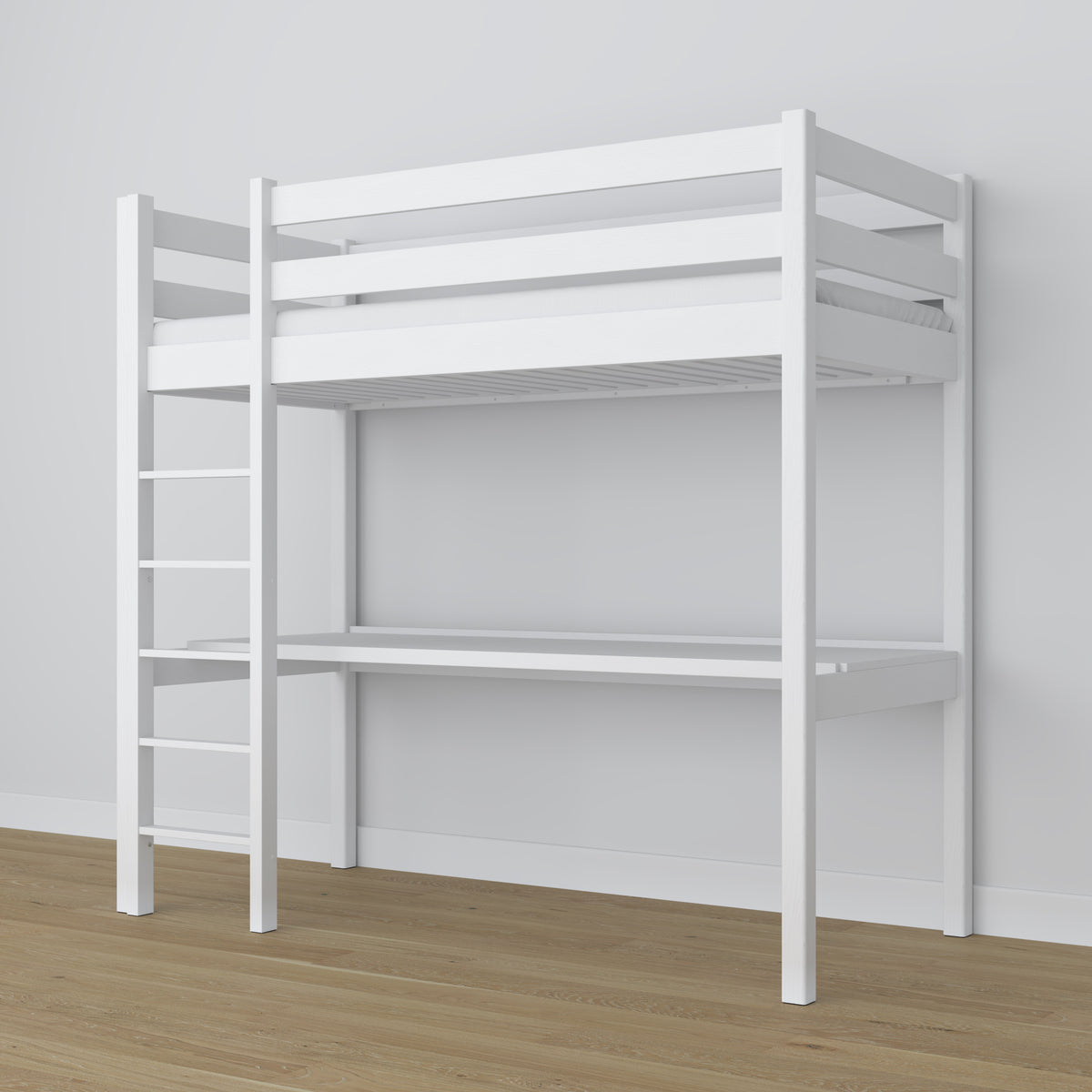 White Wooden Loft Bed with Desk – Ladder and Joint Details