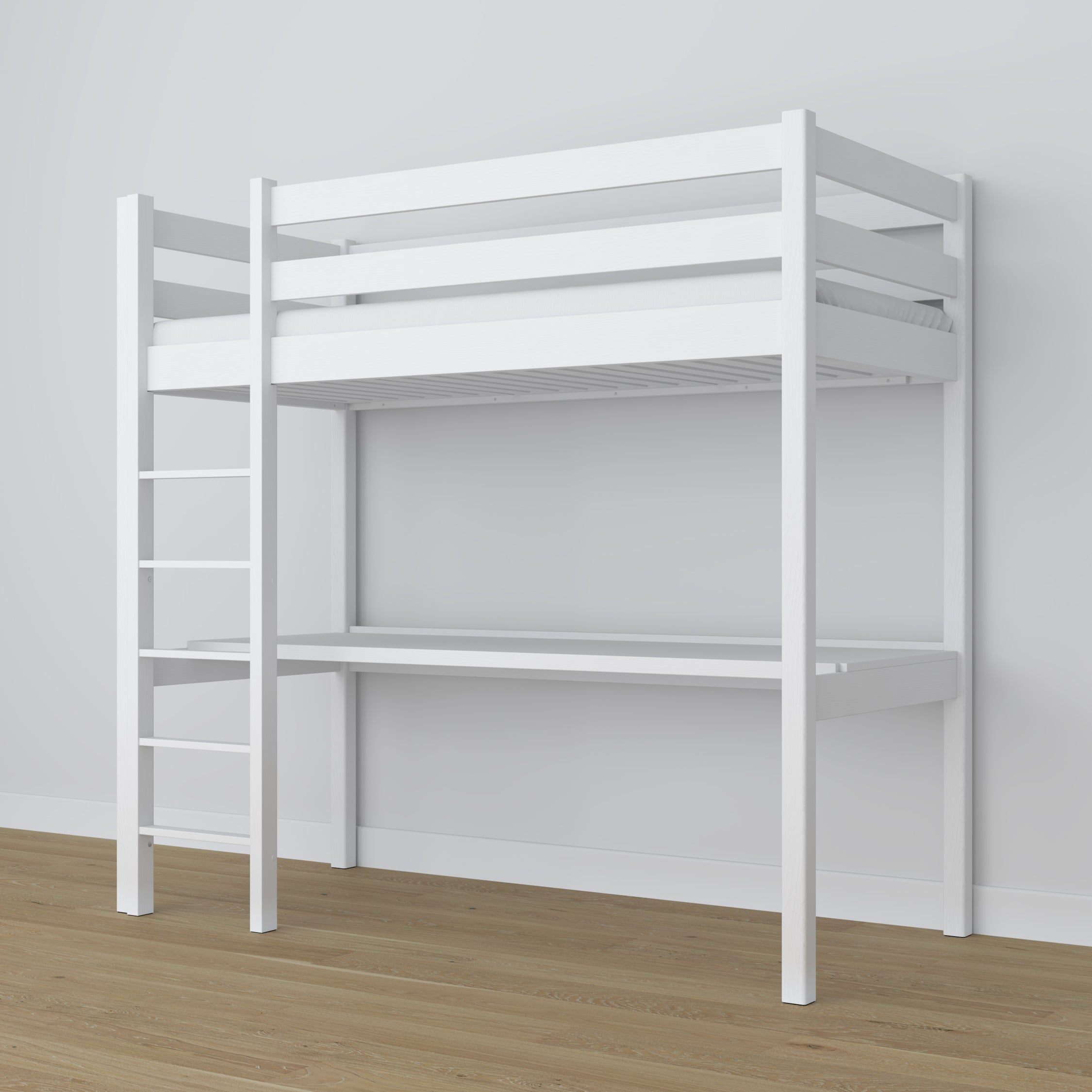 White Wooden Loft Bed with Desk – Ladder and Joint Details