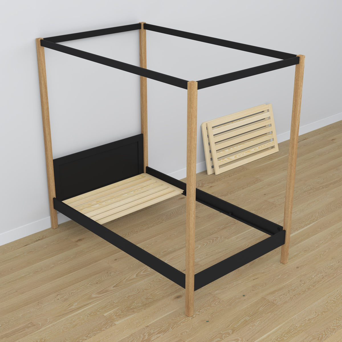 Black and Oak Canopy Bed – Wooden Details and Joints, Nizio Home