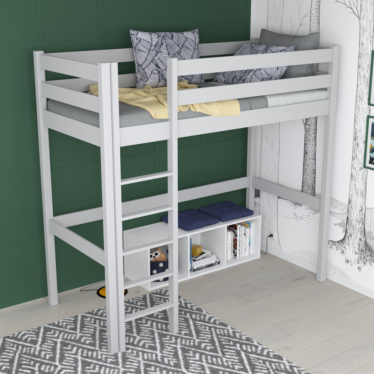 Loft bed grey in children’s room – scandi arrangement, wooden