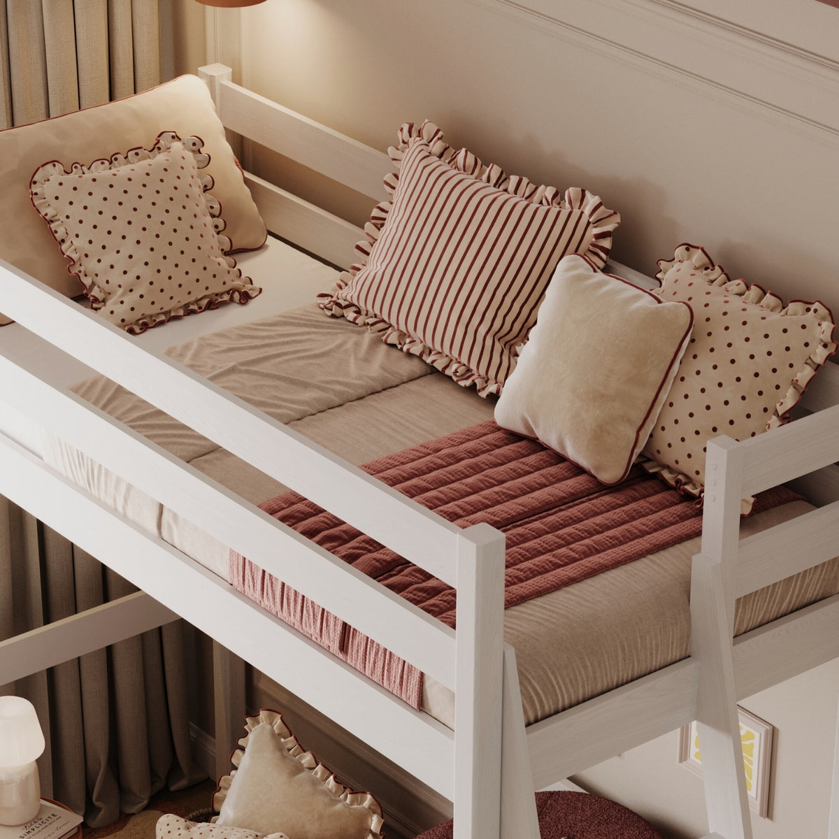 Loft bed white in children’s room – scandi arrangement, wooden