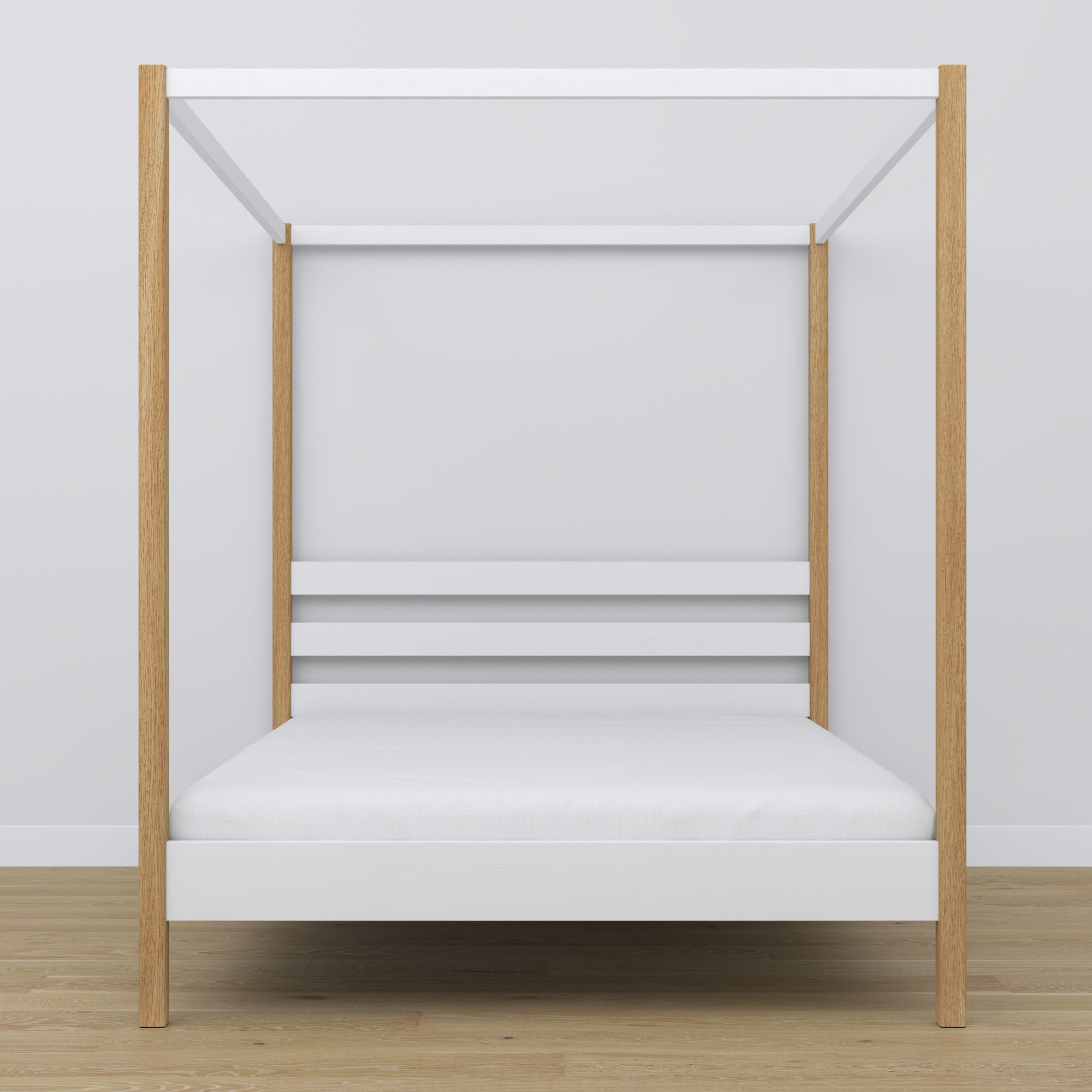 Wooden double bed with canopy white and oak – headboard and frame, close-up