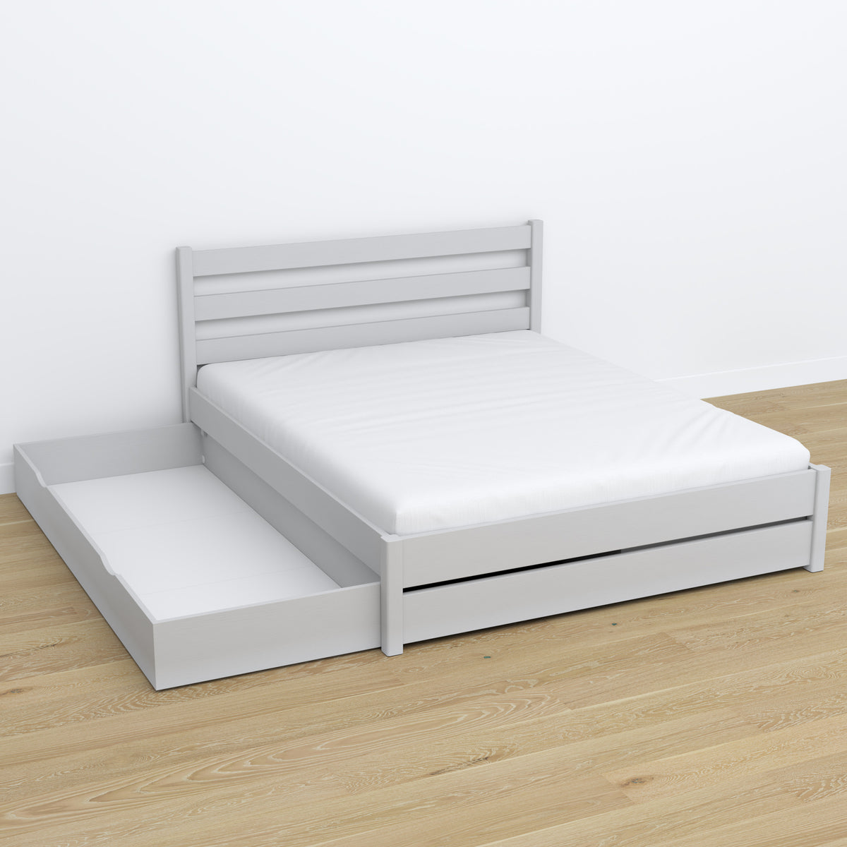 Double bed with wooden drawer grey – open drawer, spacious interior