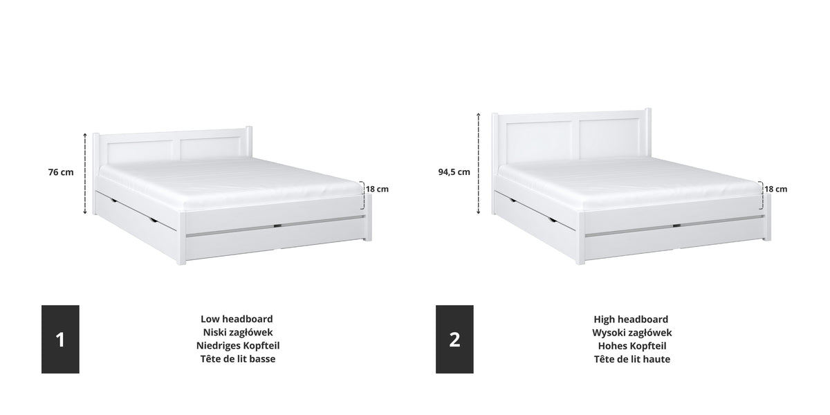 Wooden double bed with drawer white – angled view, scandi bedroom