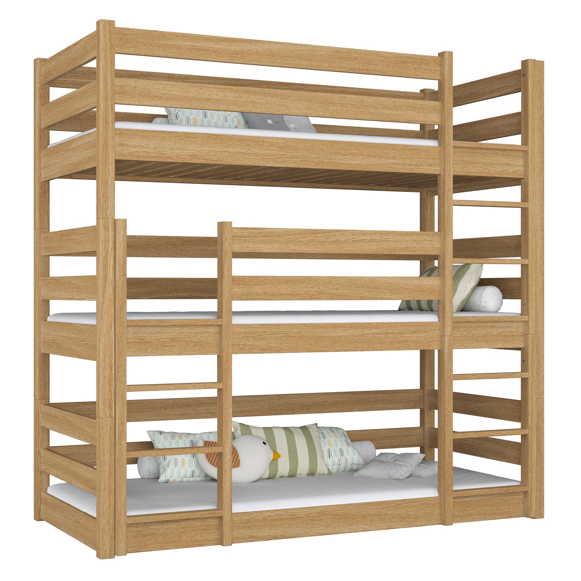 Triple bunk bed wooden natural oak – three sleeping places, scandi children’s room