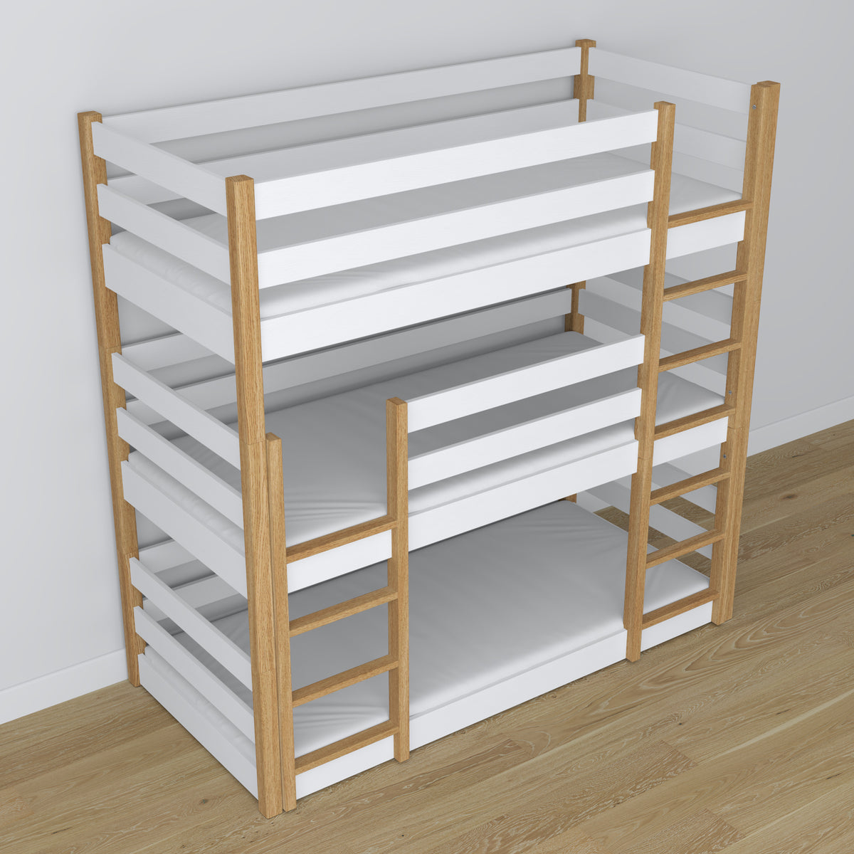 Triple bunk bed wooden white with oak – maximum use of room space
