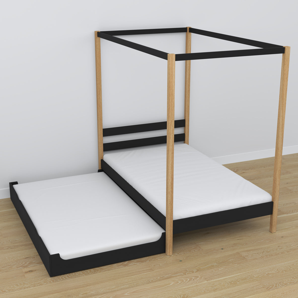 Wooden black-oak canopy bed – extended drawer, guest sleeping space