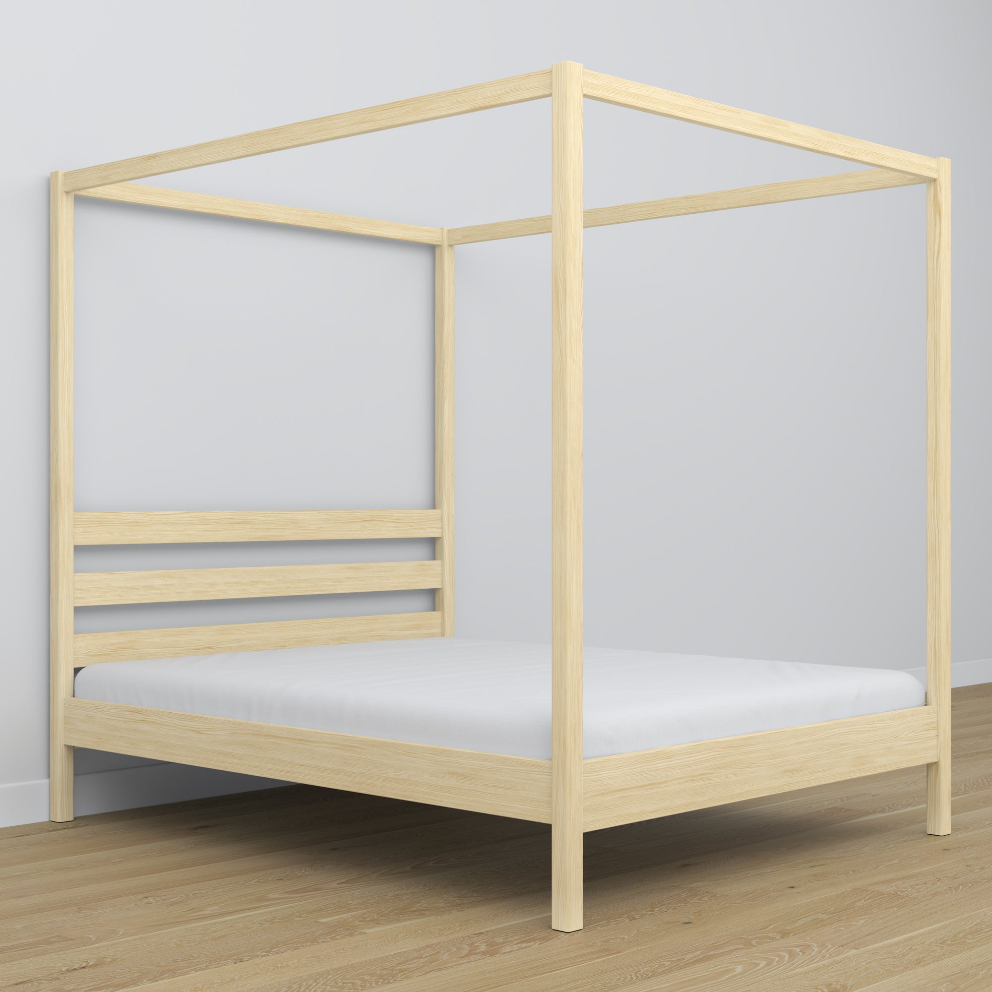 Double bed clear pine with canopy – decorative wooden frame, scandi
