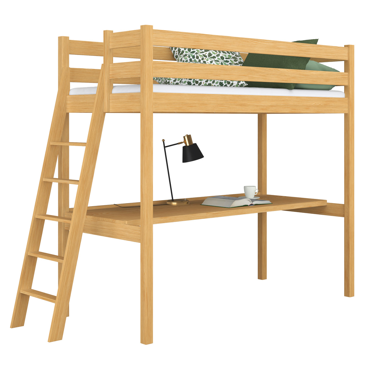Natural Pine Wooden Loft Bed with Desk – Children’s Room, Scandi Nizio