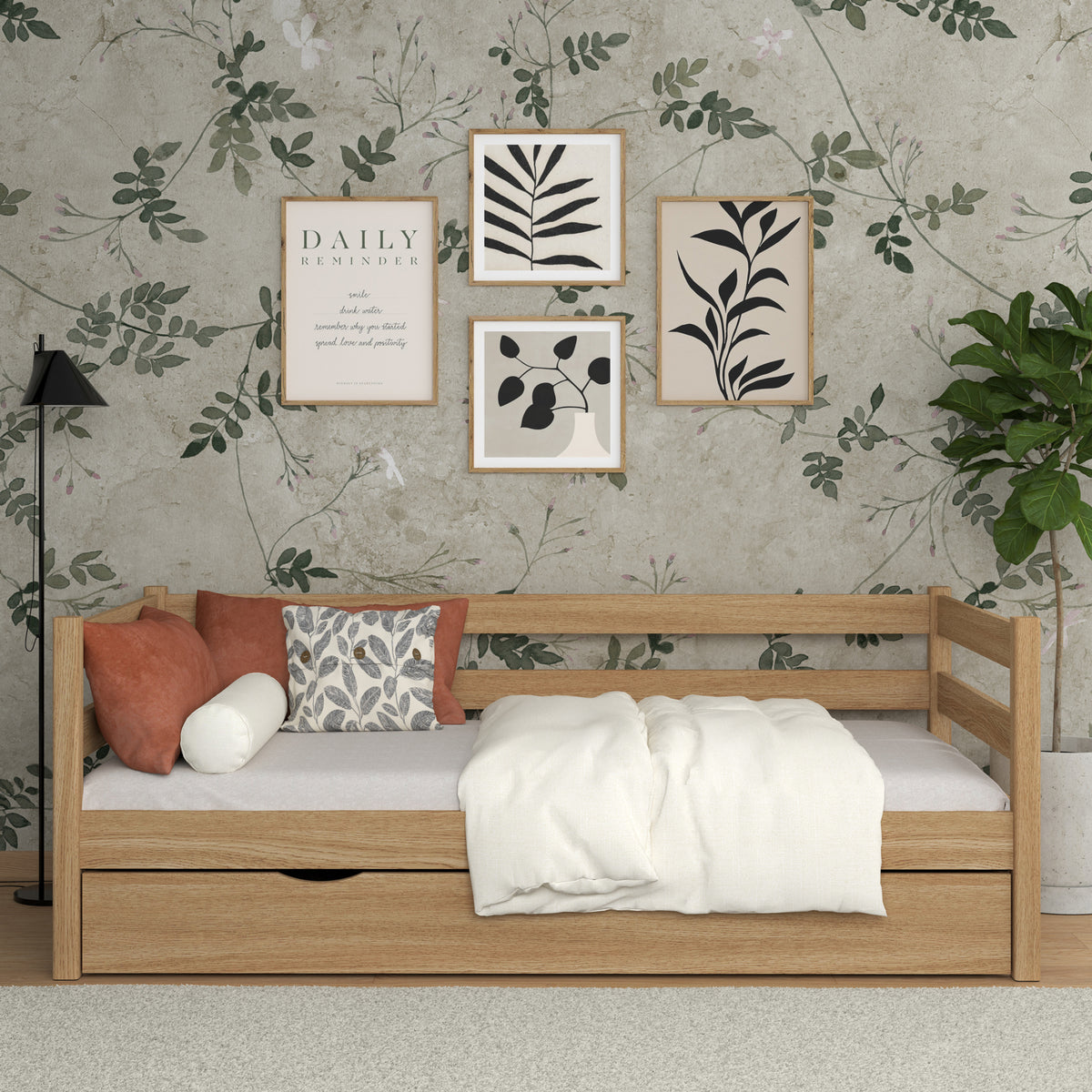 Sofa bed oak natural oak – open drawer, bedding storage