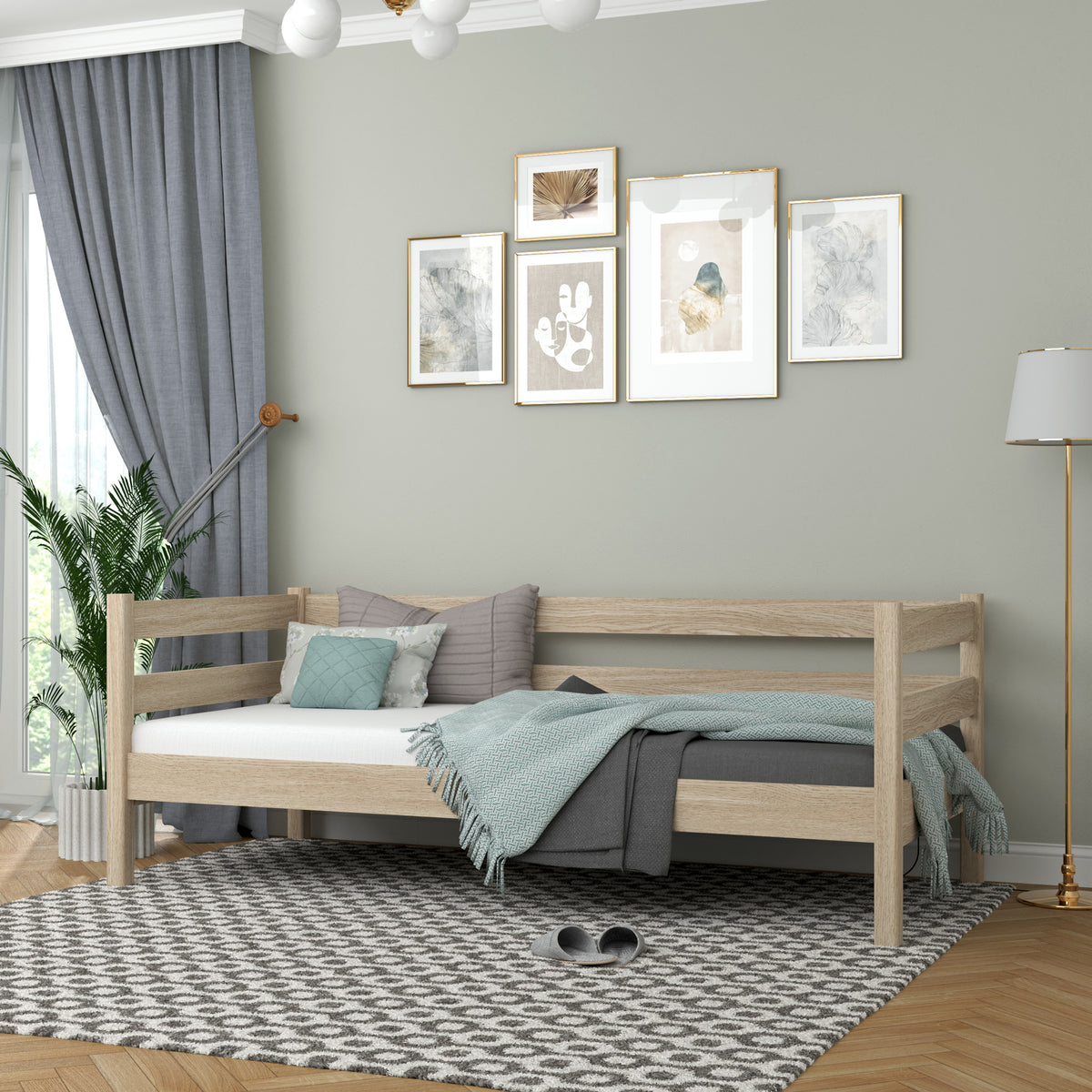 Łóżko sofa dębowe dąb bielony – widok boczny, bryła i proporcje mebla